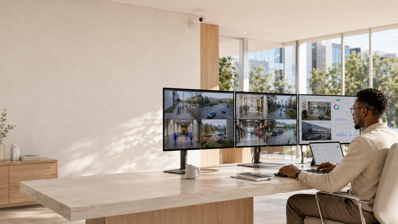 Centre de supervision lumineux affichant des flux de vidéosurveillance assistés par intelligence artificielle.