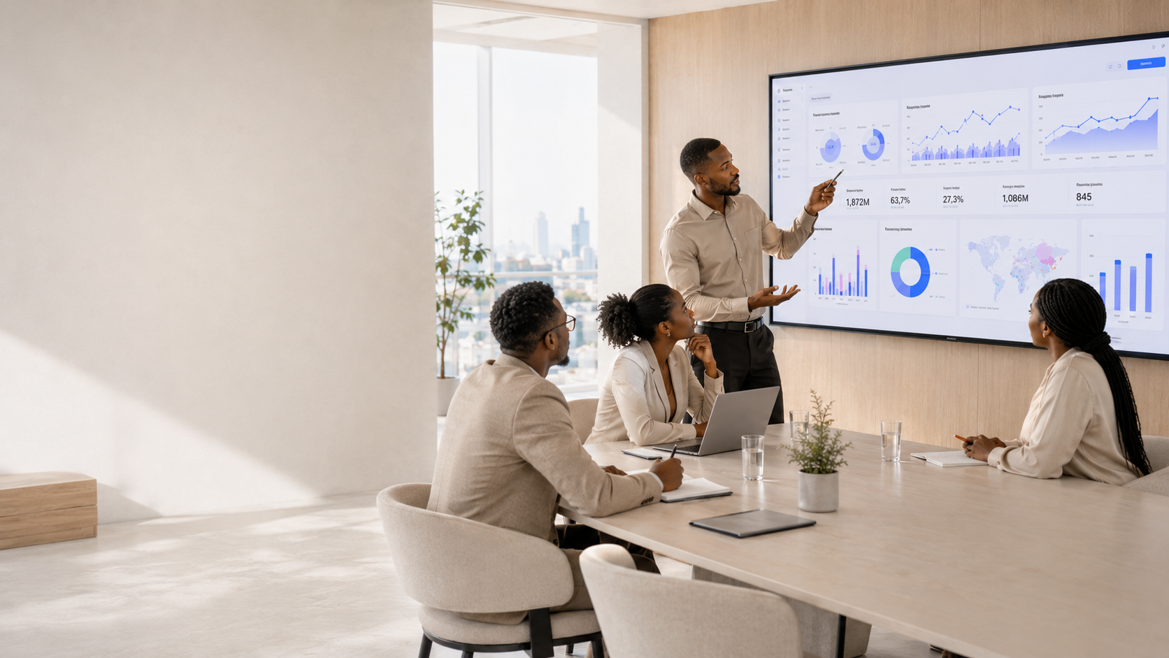 Équipe présentant un tableau de bord de données et des indicateurs décisionnels.